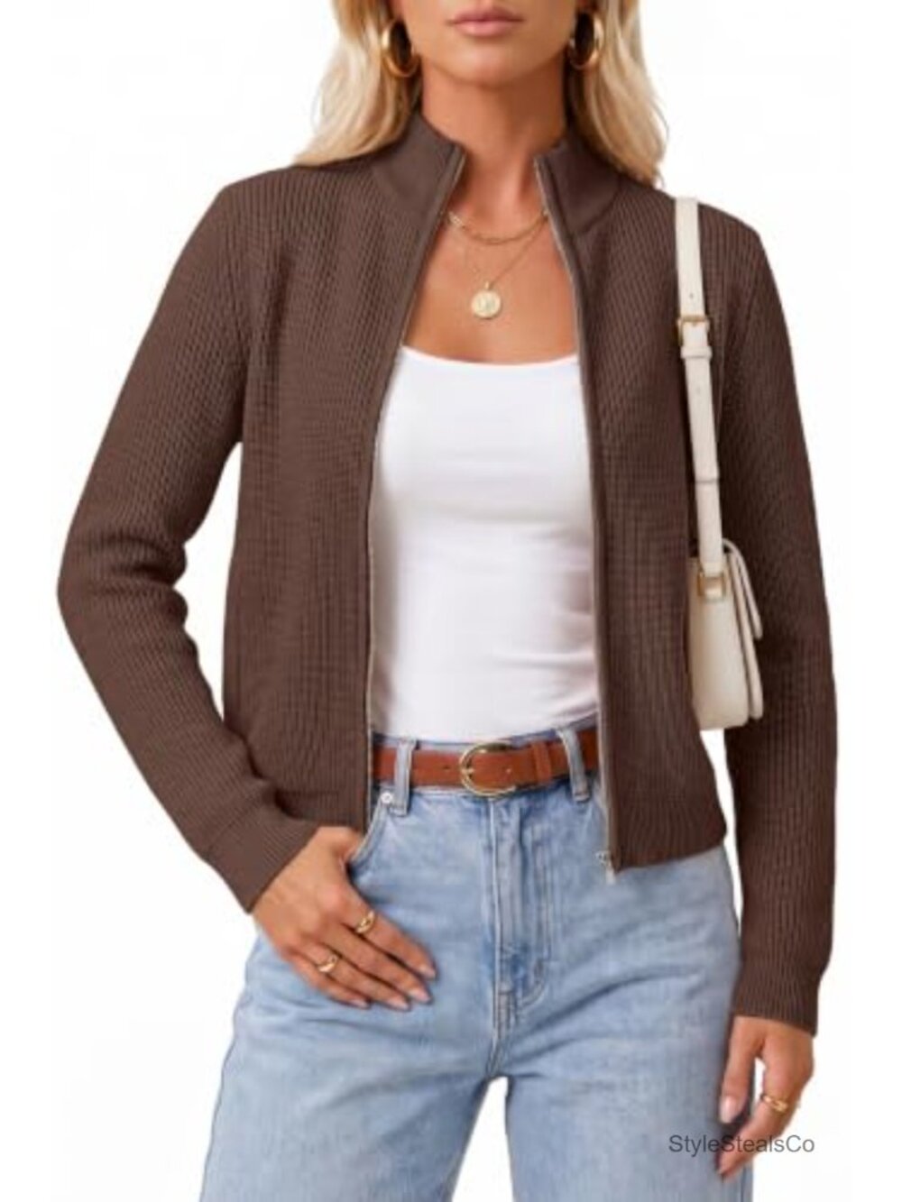 Wool Blend Mock Neck Zip Up Cardigan Sweater Jacket
